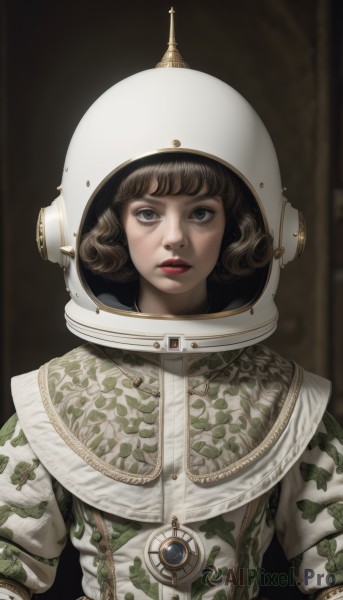 1girl,solo,looking at viewer,short hair,bangs,blue eyes,brown hair,closed mouth,upper body,belt,armor,blurry,lips,grey eyes,makeup,helmet,lipstick,curly hair,realistic,red lips,straight-on,spacesuit,simple background,expressionless,space helmet,astronaut