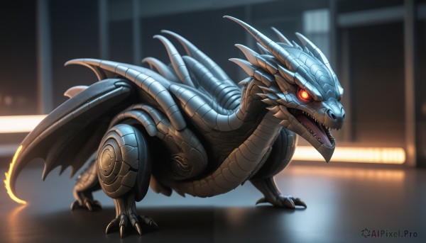 HQ,solo,open mouth,red eyes,standing,tail,full body,wings,teeth,blurry,pokemon (creature),no humans,blurry background,glowing,fangs,sharp teeth,glowing eyes,claws,spikes,monster,dragon,scales,dinosaur,kaijuu,orange eyes