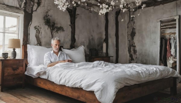 solo,1boy,sitting,flower,white hair,grey hair,male focus,japanese clothes,indoors,tree,pillow,window,bed,facial hair,on bed,plant,realistic,blanket,lamp,bedroom,old,old man,chest of drawers,lying,vase,drawer,cabinet,hospital bed