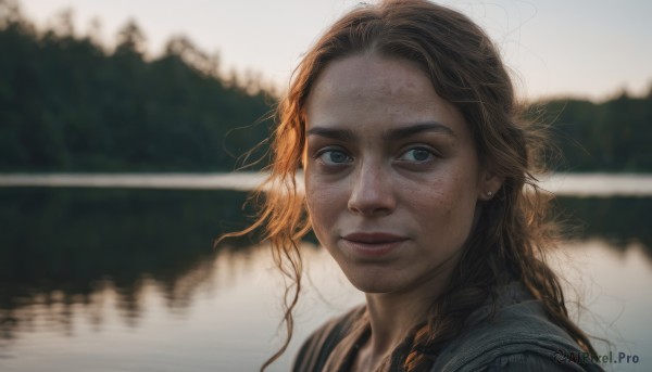 1girl,solo,long hair,looking at viewer,smile,blue eyes,brown hair,jewelry,upper body,braid,earrings,outdoors,mole,blurry,lips,blurry background,messy hair,portrait,freckles,realistic,nose,stud earrings,brown eyes,parted lips,water,depth of field,sunlight,reflection,river,lake