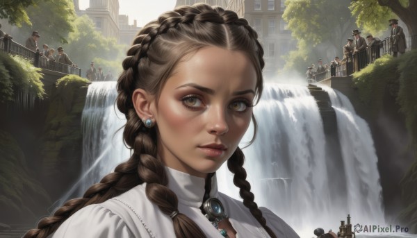 1girl,long hair,looking at viewer,brown hair,brown eyes,jewelry,closed mouth,upper body,braid,earrings,outdoors,multiple boys,solo focus,day,dark skin,water,necklace,twin braids,tree,lips,building,portrait,freckles,6+boys,realistic,nose,stud earrings,waterfall,fountain,multiple braids,multiple girls,gem,river