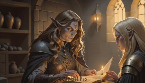 long hair,smile,multiple girls,blonde hair,brown hair,holding,2girls,jewelry,closed eyes,white hair,earrings,pointy ears,indoors,necklace,cape,armor,looking at another,book,window,colored skin,wavy hair,facial mark,elf,shoulder armor,cloak,pauldrons,paper,open book,reading,candle,scroll,yellow eyes,lips,fantasy