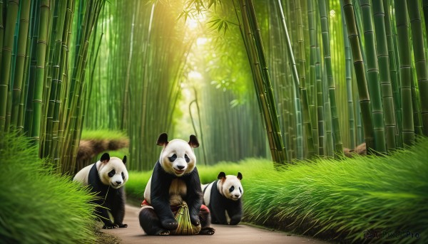 sitting,outdoors,day,no humans,animal,grass,nature,scenery,forest,bamboo,bamboo forest,panda,tanuki,food