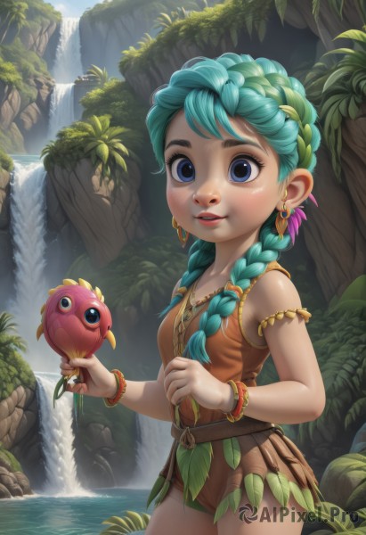 1girl,solo,long hair,looking at viewer,smile,blue eyes,hair ornament,holding,bare shoulders,jewelry,blue hair,standing,braid,flower,cowboy shot,earrings,outdoors,parted lips,teeth,day,belt,water,twin braids,flat chest,bracelet,leotard,tree,lips,aqua hair,bird,leaf,aged down,plant,child,nature,hair over shoulder,armlet,freckles,female child,waterfall,blush,green hair,necklace,feathers,armband,tribal