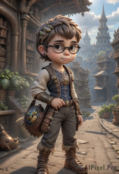 solo,looking at viewer,short hair,brown hair,shirt,hair ornament,long sleeves,1boy,brown eyes,jewelry,closed mouth,standing,full body,male focus,hairband,earrings,boots,outdoors,sky,glasses,day,belt,pants,cloud,bag,vest,blue sky,lips,brown footwear,cloudy sky,blue shirt,plant,building,child,buckle,black-framed eyewear,pouch,city,fantasy,stud earrings,potted plant,male child,architecture,crate,artist name,watermark,clock,steampunk