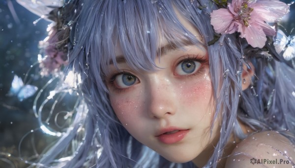 1girl,solo,long hair,looking at viewer,blush,bangs,blue eyes,hair ornament,blue hair,flower,grey hair,parted lips,teeth,hair flower,water,blurry,lips,wet,grey eyes,eyelashes,depth of field,blurry background,piercing,bug,butterfly,portrait,close-up,pink flower,freckles,realistic,nose,hair between eyes,bare shoulders,jewelry,makeup,light particles