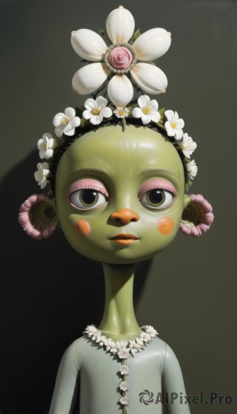 1girl,solo,looking at viewer,simple background,hair ornament,brown eyes,upper body,flower,male focus,hair flower,lips,makeup,colored skin,blush stickers,child,eyeshadow,green skin,head wreath,eyelashes,no humans,bird,lipstick,monster girl,realistic,plant girl,flower necklace