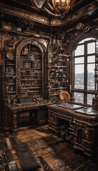 day,indoors,book,no humans,window,chair,table,scenery,desk,wooden floor,paper,stairs,clock,bookshelf,lamp,candle,architecture,book stack,gears,library,carpet,quill,candlestand,chandelier,globe,steampunk,loaded interior,sky,cloud,water,cup,bottle,pen,painting (object),inkwell