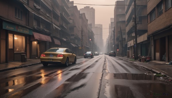 outdoors,sky,no humans,ground vehicle,building,scenery,motor vehicle,reflection,city,sign,car,road,cityscape,vehicle focus,power lines,lamppost,street,utility pole,road sign,traffic light,sports car,truck,crosswalk,real world location,sidewalk,cloud,window,sunset,evening