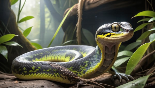 HQ,outdoors,day,signature,blurry,tree,no humans,animal,leaf,sunlight,plant,nature,forest,snake,scales,animal focus,oversized animal,solo,closed mouth,yellow eyes,tongue,fangs,slit pupils,realistic,branch,moss,forked tongue