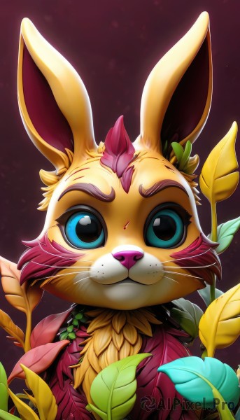 solo,looking at viewer,blue eyes,simple background,hair ornament,animal ears,closed mouth,upper body,flower,artist name,rabbit ears,gradient,gradient background,no humans,leaf,feathers,plant,furry,freckles,purple background,rabbit,animal focus,straight-on,watermark,web address,whiskers