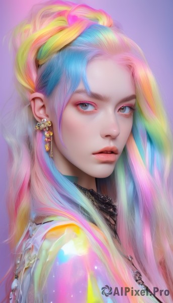 1girl,solo,long hair,looking at viewer,blue eyes,blonde hair,simple background,jewelry,closed mouth,blue hair,upper body,pink hair,multicolored hair,earrings,parted lips,necklace,from side,two-tone hair,lips,streaked hair,eyelashes,gradient hair,makeup,piercing,lipstick,ear piercing,portrait,multicolored clothes,eyeshadow,purple background,multicolored eyes,realistic,nose,eyeliner,rainbow,colorful,mascara,rainbow gradient,rainbow hair,hair ornament,grey eyes,aqua hair,forehead,freckles