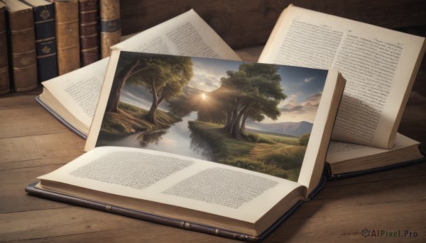 outdoors,sky,cloud,tree,book,no humans,sunlight,grass,nature,scenery,sunset,paper,mountain,open book,sun,pen,pencil,notebook,water,reflection,landscape,lake