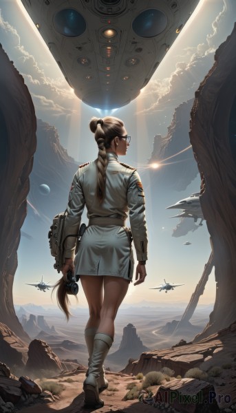 1girl,solo,long hair,brown hair,holding,standing,ponytail,weapon,ass,braid,boots,outdoors,sky,glasses,cloud,signature,from behind,uniform,military,military uniform,knee boots,robot,scenery,low-tied long hair,walking,science fiction,rock,mountain,realistic,aircraft,kneepits,airplane,alien,spacecraft,energy gun,jet,skirt,very long hair,legs,single braid,pencil skirt,sun,planet,dirty,soldier,insignia,laser