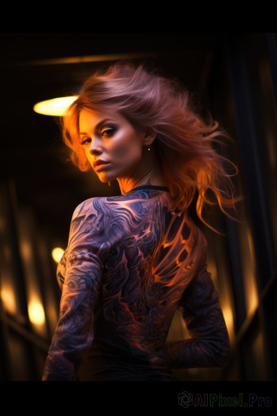 1girl,solo,long hair,looking at viewer,blonde hair,jewelry,upper body,earrings,looking back,from behind,blurry,lips,tattoo,makeup,blurry background,back,letterboxed,realistic,nose,back tattoo,breasts,short hair,brown hair,orange hair,glowing,lipstick,eyeshadow,backlighting,light