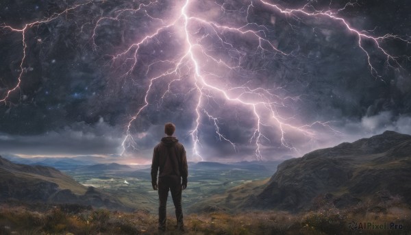 solo, 1boy, standing, jacket, male focus, outdoors, sky, pants, cloud, hood, from behind, night, cloudy sky, grass, star (sky), night sky, scenery, mountain, field, lightning