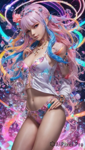 1girl,solo,long hair,breasts,looking at viewer,smile,bangs,blue eyes,blonde hair,hair ornament,navel,cleavage,bare shoulders,jewelry,medium breasts,very long hair,closed mouth,underwear,blue hair,standing,panties,swimsuit,pink hair,flower,bikini,thighs,multicolored hair,cowboy shot,hairband,earrings,parted lips,detached sleeves,choker,midriff,shiny,hair flower,necklace,stomach,nail polish,bracelet,two-tone hair,lips,crop top,fingernails,hand on hip,shiny skin,gradient hair,floating hair,halo,ring,feathers,pink panties,gem,finger to mouth,pink nails,armlet,pendant,blue nails,long fingernails,contrapposto,beads,pink lips,realistic,nose,feather hair ornament,colorful,large breasts,collarbone,sidelocks,artist name,signature,head tilt,petals,watermark,hand on own chest,web address,light particles,arm at side,legs together,glint,pink bikini,bikini bottom only,deviantart username