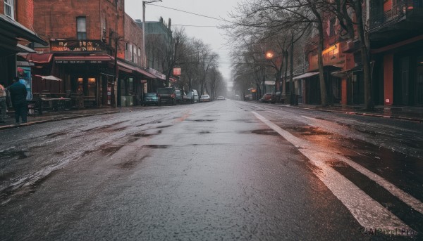 outdoors,sky,tree,no humans,ground vehicle,building,scenery,motor vehicle,city,sign,car,road,power lines,lamppost,bare tree,street,utility pole,road sign,traffic light,pavement,crosswalk,real world location,vanishing point,sidewalk,cloud,bag,window,backpack,snow,house,winter,vending machine