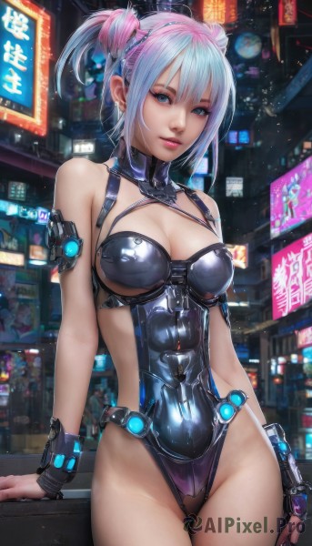 1girl,solo,breasts,looking at viewer,short hair,bangs,blue eyes,cleavage,bare shoulders,twintails,jewelry,medium breasts,blue hair,standing,pink hair,multicolored hair,cowboy shot,earrings,parted lips,shiny,fingerless gloves,hair bun,two-tone hair,leotard,lips,double bun,makeup,black leotard,skin tight,science fiction,shiny clothes,city,cyberpunk,neon lights,white hair,thighs,outdoors,artist name,signature,nail polish,shiny hair,shiny skin,night,building,revealing clothes,highleg leotard,realistic,cityscape,latex,city lights