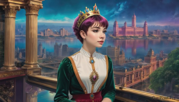 1girl,solo,short hair,long sleeves,dress,brown eyes,jewelry,upper body,purple hair,braid,outdoors,sky,cloud,water,necklace,tree,lips,looking to the side,night,looking away,tiara,crown,brooch,building,gem,scenery,city,railing,looking afar,bridge,castle,lake,bangs,artist name,star (sky),night sky,reflection,realistic,fantasy,cityscape