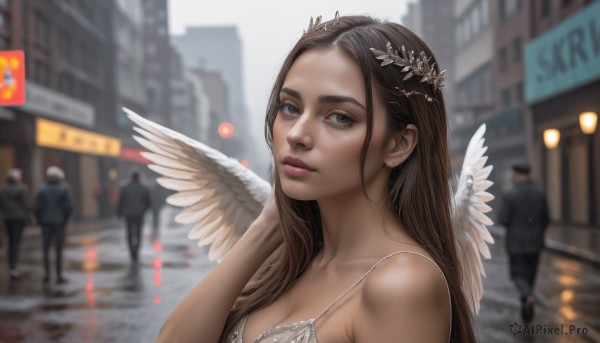 1girl,long hair,breasts,looking at viewer,brown hair,black hair,hair ornament,dress,cleavage,bare shoulders,brown eyes,medium breasts,closed mouth,upper body,outdoors,multiple boys,wings,solo focus,day,white dress,blurry,lips,grey eyes,depth of field,blurry background,building,feathered wings,hand on own face,angel wings,city,realistic,nose,white wings,angel,street,solo,jewelry,earrings,artist name,road,artist logo