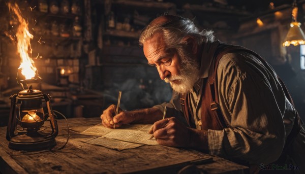 solo,short hair,long sleeves,1boy,holding,sitting,closed eyes,upper body,white hair,grey hair,male focus,indoors,blurry,from side,blurry background,facial hair,table,fire,beard,paper,mustache,pen,lamp,candle,old,old man,flame,writing,quill,wooden table,wrinkled skin,shirt,closed mouth,necktie,collared shirt,vest,profile,chair,realistic,brown shirt,brown vest,holding pen