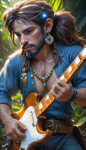 solo,long hair,blue eyes,brown hair,shirt,black hair,hair ornament,1boy,holding,jewelry,collarbone,ponytail,male focus,cowboy shot,earrings,outdoors,parted lips,open clothes,day,belt,pants,artist name,signature,necklace,blurry,bracelet,tree,lips,fingernails,looking to the side,open shirt,makeup,buttons,depth of field,blurry background,facial hair,looking away,ring,blue shirt,gem,instrument,beard,buckle,sleeves rolled up,backlighting,freckles,beads,pouch,belt buckle,realistic,nose,hair tie,mustache,music,blue pants,guitar,brown belt,partially unbuttoned,badge,playing instrument,holding instrument,chest hair,pectoral cleavage,blue gemstone,button badge,patch,closed mouth,standing,upper body,hairclip,watermark,pectorals,web address,glint,unbuttoned,manly,unbuttoned shirt