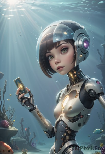 1girl,solo,breasts,looking at viewer,short hair,bangs,brown hair,holding,brown eyes,green eyes,upper body,small breasts,parted lips,signature,blunt bangs,water,lips,bodysuit,headgear,sunlight,bob cut,helmet,robot,fish,science fiction,bubble,light rays,underwater,nose,android,joints,air bubble,cyborg,robot joints,power armor,coral,seaweed,black hair