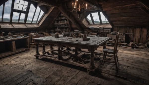 sky,day,cloud,indoors,book,no humans,window,chair,table,sunlight,cloudy sky,scenery,desk,wooden floor,bookshelf,candle,barrel,candlestand,chandelier,wooden table,fireplace,wooden chair,cup,fire,wood