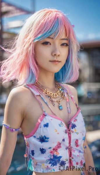 1girl,solo,breasts,looking at viewer,smile,short hair,bangs,bare shoulders,brown eyes,jewelry,closed mouth,blue hair,upper body,pink hair,multicolored hair,small breasts,outdoors,sky,sleeveless,day,midriff,artist name,medium hair,necklace,blurry,black eyes,flat chest,two-tone hair,lips,streaked hair,crop top,tattoo,depth of field,blurry background,floral print,armlet,camisole,realistic,nose,navel,tank top,freckles