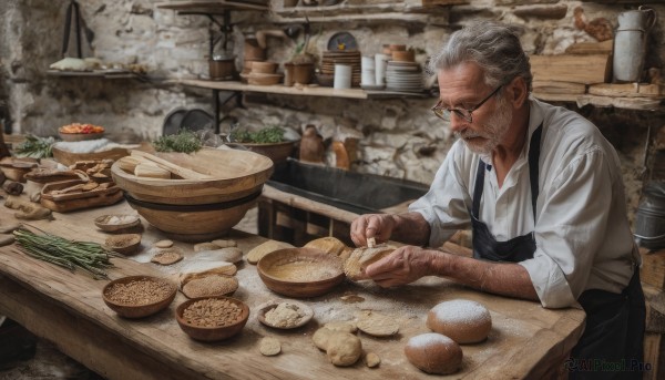 solo,short hair,shirt,1boy,holding,closed mouth,white shirt,white hair,grey hair,male focus,food,glasses,collared shirt,indoors,apron,facial hair,scar,chair,table,steam,beard,sleeves rolled up,bowl,realistic,mustache,old,old man,cooking,kitchen,vegetable,black apron,wrinkled skin,cutting board,onion,pants,dress shirt,leaning forward,bottle,knife,black-framed eyewear,carrot,bread,egg,jar,tomato,lettuce,potato,radish