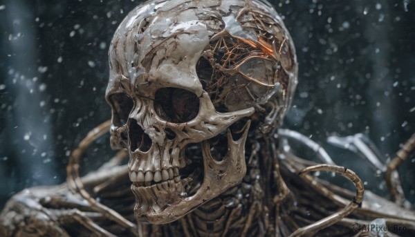 solo,1boy,weapon,male focus,teeth,sword,armor,blurry,no humans,blurry background,helmet,portrait,snow,1other,skull,snowing,skeleton,bone,skull mask,outdoors,from side,depth of field,ambiguous gender,helm