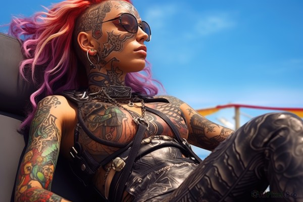 1girl,solo,long hair,breasts,jewelry,medium breasts,sitting,closed mouth,nipples,closed eyes,weapon,pink hair,purple hair,red hair,multicolored hair,earrings,outdoors,lying,sky,day,pants,dark skin,on back,blurry,dark-skinned female,blue sky,lips,gun,tattoo,makeup,blurry background,black pants,sunglasses,crossed legs,nose,arm tattoo,shoulder tattoo,reclining,harness,chest tattoo,full-body tattoo,small breasts,sleeveless,necklace,no bra,piercing,leaning back,leather,facial tattoo,mohawk,car interior,aviator sunglasses