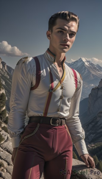 solo,looking at viewer,short hair,brown hair,shirt,black hair,long sleeves,1boy,holding,brown eyes,closed mouth,standing,white shirt,male focus,cowboy shot,outdoors,sky,day,belt,pants,cloud,uniform,black eyes,blue sky,lips,suspenders,rock,mountain,realistic,red pants,muscular,multicolored clothes,black belt