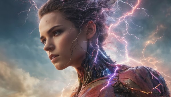 1girl, solo, short hair, brown hair, upper body, parted lips, sky, cloud, lips, cloudy sky, science fiction, realistic, nose, electricity, cyborg, lightning