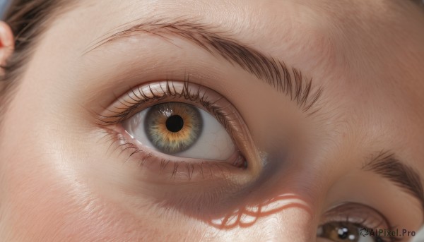 solo,looking at viewer,brown hair,1boy,brown eyes,yellow eyes,male focus,blurry,eyelashes,close-up,reflection,realistic,eye focus,1girl,teeth