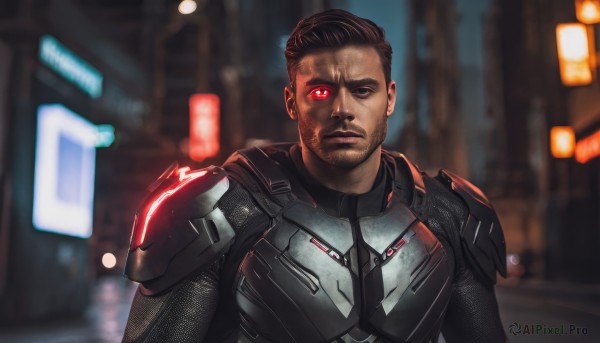 solo,looking at viewer,short hair,brown hair,black hair,red eyes,1boy,upper body,male focus,outdoors,one eye closed,dark skin,armor,blurry,blurry background,glowing,facial hair,heterochromia,scar,dark-skinned male,science fiction,realistic,stubble,glowing eye,cyborg,power armor,cyberpunk,closed mouth,bodysuit,muscular,night,beard,photo background