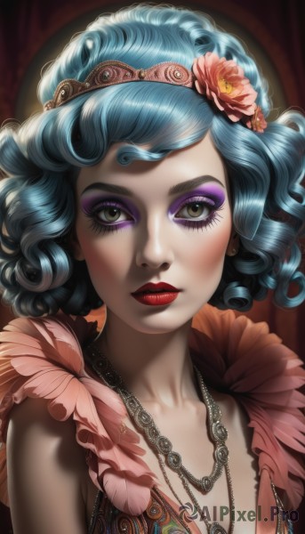 1girl,solo,breasts,looking at viewer,short hair,hair ornament,cleavage,brown eyes,jewelry,blue hair,upper body,flower,hairband,earrings,small breasts,hair flower,necklace,lips,eyelashes,makeup,tiara,feathers,lipstick,eyeshadow,curly hair,realistic,red lips,eyeliner,mascara,aqua hair