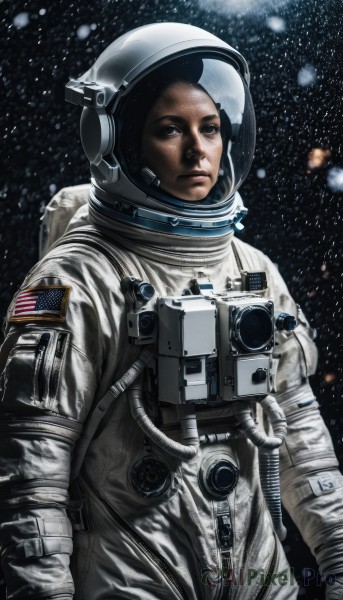 solo,looking at viewer,black hair,1boy,upper body,male focus,signature,helmet,snow,science fiction,snowing,realistic,space,american flag,spacesuit,japanese flag,astronaut,brown eyes,lips,star (sky),reflection,planet,flag print,earth (planet),space helmet,united states