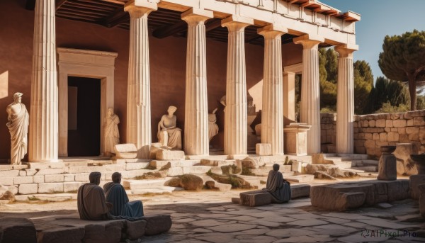 sitting,outdoors,multiple boys,sky,day,hood,cape,tree,scenery,shield,robe,ruins,pillar,statue,arch,column,blue sky,no humans,building,bush,architecture,stone