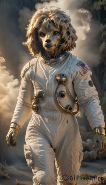 1girl,solo,looking at viewer,smile,blonde hair,brown hair,brown eyes,standing,outdoors,teeth,signature,medium hair,tree,1other,smoke,walking,realistic,fog,american flag,spacesuit,japanese flag,astronaut,male focus,cloud,no humans,bodysuit,furry,science fiction,dog,badge,alien,pet