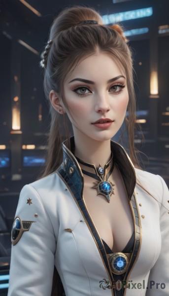 1girl,solo,long hair,breasts,looking at viewer,brown hair,cleavage,brown eyes,jewelry,medium breasts,jacket,upper body,ponytail,earrings,parted lips,choker,necklace,hair bun,blurry,lips,eyelashes,blurry background,white jacket,brooch,gem,forehead,freckles,realistic,nose,red lips,bangs,shirt,long sleeves,artist name,makeup,lipstick,pendant,eyeshadow,eyeliner