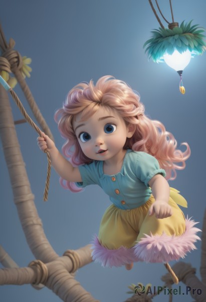 1girl,solo,long hair,looking at viewer,smile,open mouth,blue eyes,skirt,blonde hair,simple background,brown hair,shirt,holding,full body,flower,short sleeves,parted lips,shorts,tree,puffy short sleeves,blue background,blue shirt,child,curly hair,female child,puffy sleeves,fur trim,watermark,aged down,rope,web address,light bulb,hanging