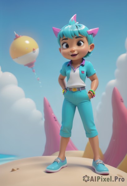 1girl,solo,breasts,looking at viewer,smile,short hair,open mouth,shirt,animal ears,brown eyes,jewelry,blue hair,standing,jacket,full body,white shirt,short sleeves,multicolored hair,earrings,small breasts,outdoors,open clothes,sky,shoes,teeth,day,belt,pants,artist name,cloud,signature,dark skin,water,black eyes,bracelet,two-tone hair,dark-skinned female,blue sky,lips,aqua hair,makeup,ocean,watermark,beach,thick eyebrows,blue shirt,denim,lipstick,sneakers,child,extra ears,personification,hands on hips,blue footwear,jeans,aircraft,hands in pockets,sand,furry female,female child,bangle,tomboy,humanization,aqua footwear,bangs,shiny,collared shirt,necklace,shiny hair,buttons,fruit,web address,buckle,belt buckle,blue pants,stud earrings,starfish