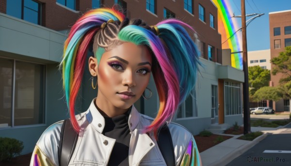 1girl,solo,long hair,looking at viewer,smile,blonde hair,hair ornament,twintails,brown eyes,jewelry,closed mouth,blue hair,jacket,upper body,pink hair,multicolored hair,earrings,outdoors,green hair,sky,day,dark skin,two-tone hair,dark-skinned female,tree,lips,streaked hair,aqua hair,makeup,piercing,white jacket,lipstick,ground vehicle,building,motor vehicle,eyeshadow,hoop earrings,realistic,nose,car,road,eyeliner,house,rainbow,mascara,k/da (league of legends),rainbow hair,bangs,shirt,green eyes,yellow eyes,black shirt,window,portrait,city,street