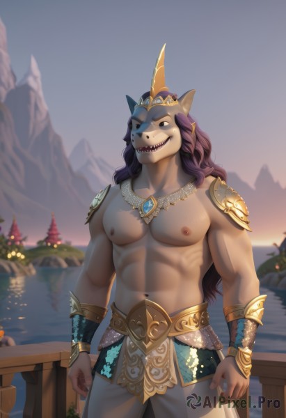 solo,long hair,looking at viewer,smile,open mouth,1boy,navel,animal ears,jewelry,nipples,standing,purple hair,male focus,cowboy shot,outdoors,horns,sky,teeth,pants,water,necklace,stomach,armor,blurry,black eyes,muscular,blurry background,fangs,abs,pectorals,sharp teeth,muscular male,shoulder armor,bara,furry,large pectorals,pauldrons,topless male,bracer,furry male,tree,mask,helmet,sunset,vambraces,bare pectorals,lake