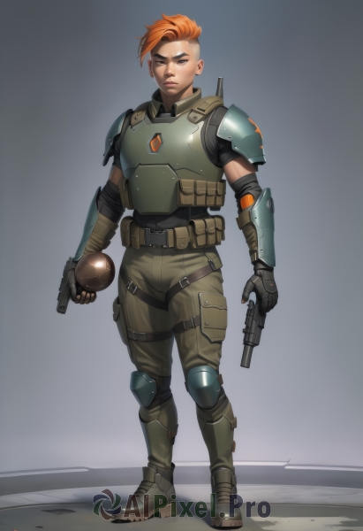 1girl,solo,looking at viewer,short hair,gloves,holding,standing,full body,weapon,multicolored hair,boots,black gloves,belt,pants,artist name,fingerless gloves,grey background,holding weapon,orange hair,armor,gun,scar,shoulder armor,holding gun,scar on face,handgun,pouch,breastplate,realistic,knee pads,very short hair,undercut,explosive,elbow pads,green pants,grenade,helmet removed,eyebrow cut,bulletproof vest,simple background,brown eyes,closed mouth,one eye closed,elbow gloves,lips,gauntlets,scar across eye,armored boots,mohawk