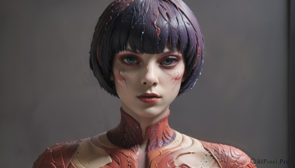 1girl,solo,looking at viewer,short hair,bangs,blue eyes,black hair,parted lips,teeth,blunt bangs,grey background,black eyes,lips,grey eyes,makeup,bob cut,lipstick,portrait,science fiction,realistic,android,red lips,straight-on,simple background,green eyes,upper body,eyelashes,tattoo,eyeshadow,nose,eyeliner,facepaint,facial tattoo,full-body tattoo