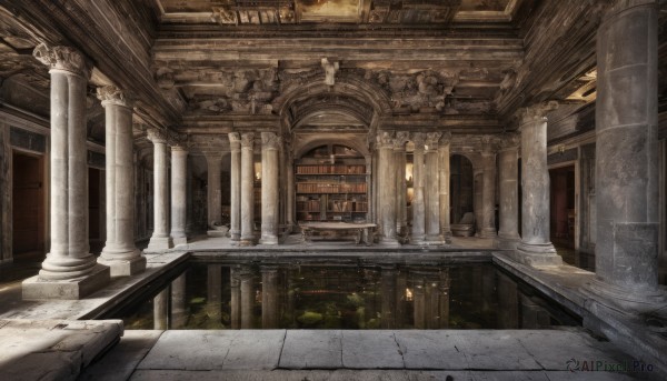 indoors,water,no humans,window,sunlight,building,scenery,reflection,light rays,stairs,door,candle,architecture,ruins,bridge,pillar,arch,column,plant,railing,statue