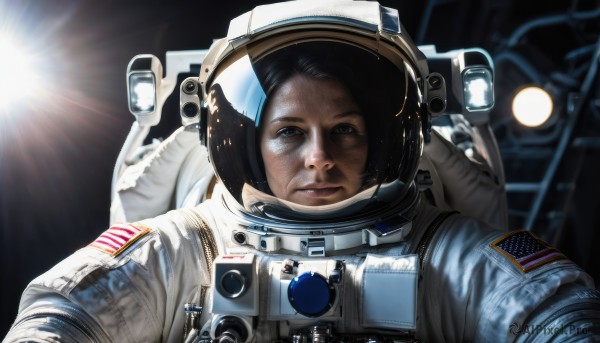 1girl,solo,looking at viewer,smile,black hair,closed mouth,upper body,blurry,lips,pov,helmet,lens flare,reflection,science fiction,realistic,sun,space,american flag,spacesuit,japanese flag,space helmet,astronaut,blue eyes,1boy,male focus,moon,planet,earth (planet),united states,american flag print